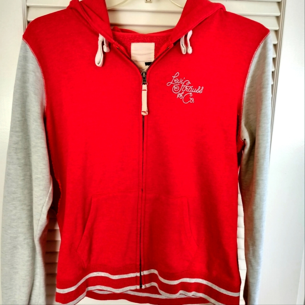 Vintage Levi Strauss & Co Women's Varsity Hoodie Red w/ Gray Jersey Sleeves Sz L